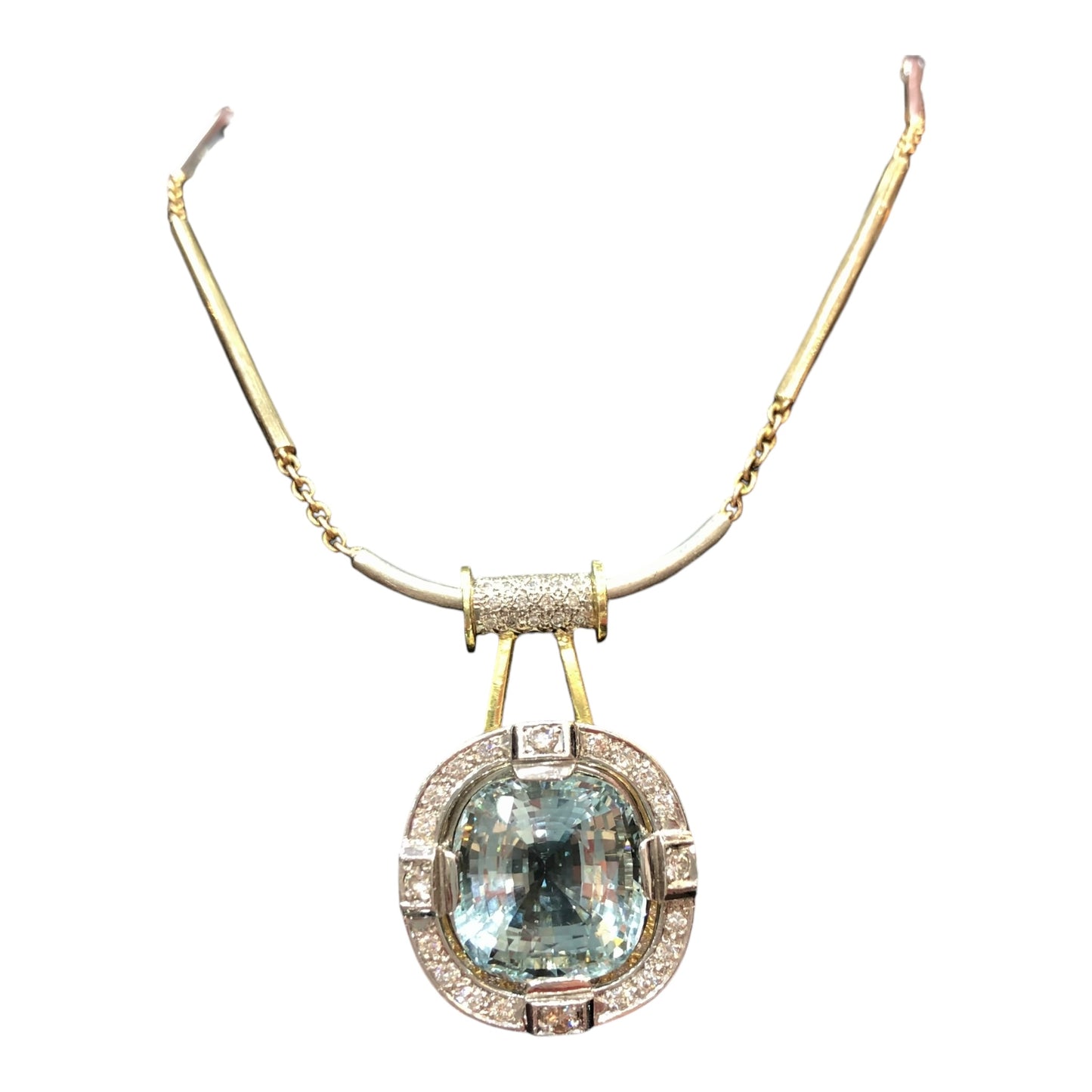 18 ct White and Yellow Gold Aquamarine Handmade Pendant and Chain